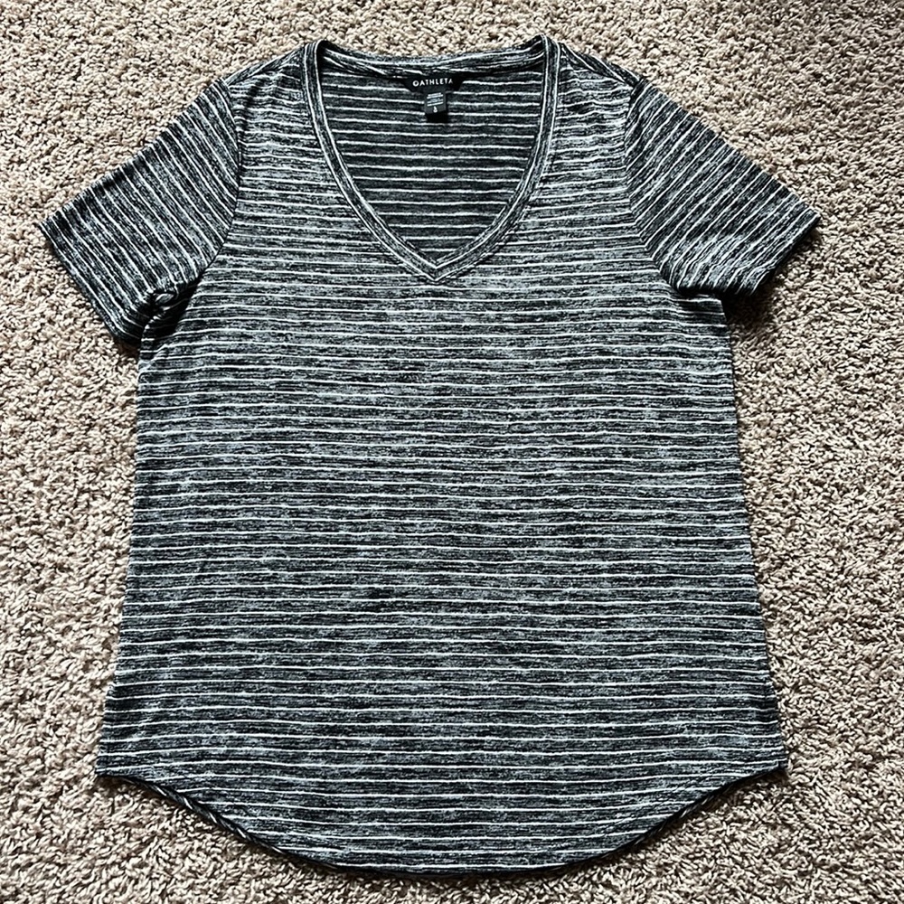 Women’s Athleta Striped V-Neck Shirt, black & white, size large
